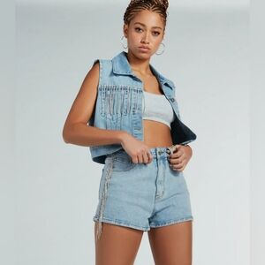 Windsor Life Of the Party Rhinestone Fringe Denim Shorts
